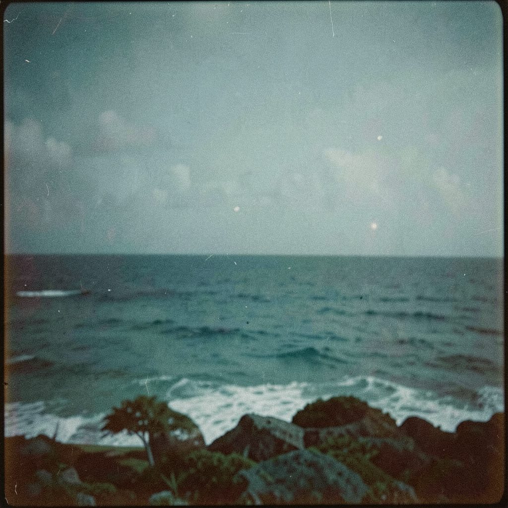 Photographie argentique granuleuse d'un bureau moderne en Polynésie, écrans affichant des données et cartes numériques, tons vert sauge et crème, lumière douce traversant une baie vitrée.